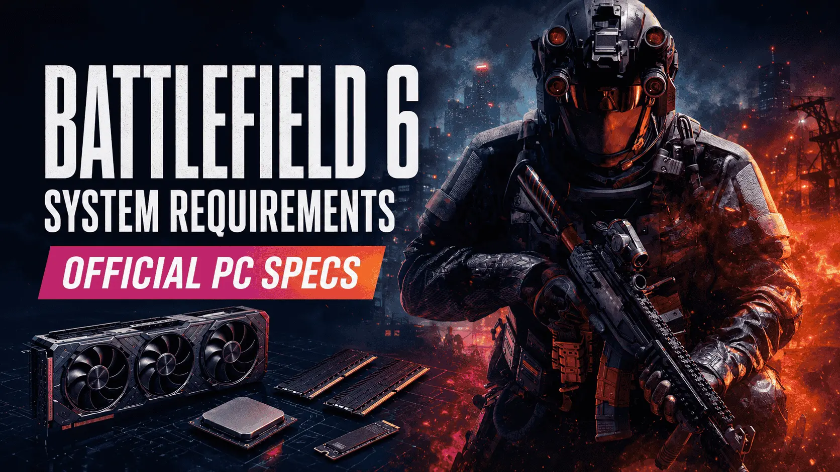 Battlefield 6 system requirements shown with an armored soldier, graphics card, RAM, processor and NVMe SSD.