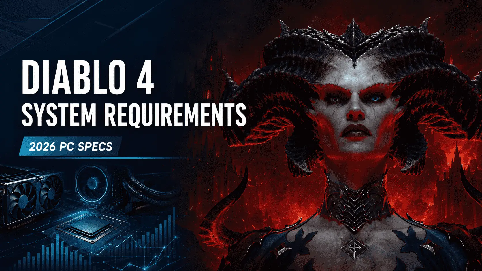 Diablo 4 system requirements graphic featuring Lilith, PC hardware, and a 2026 PC specs label