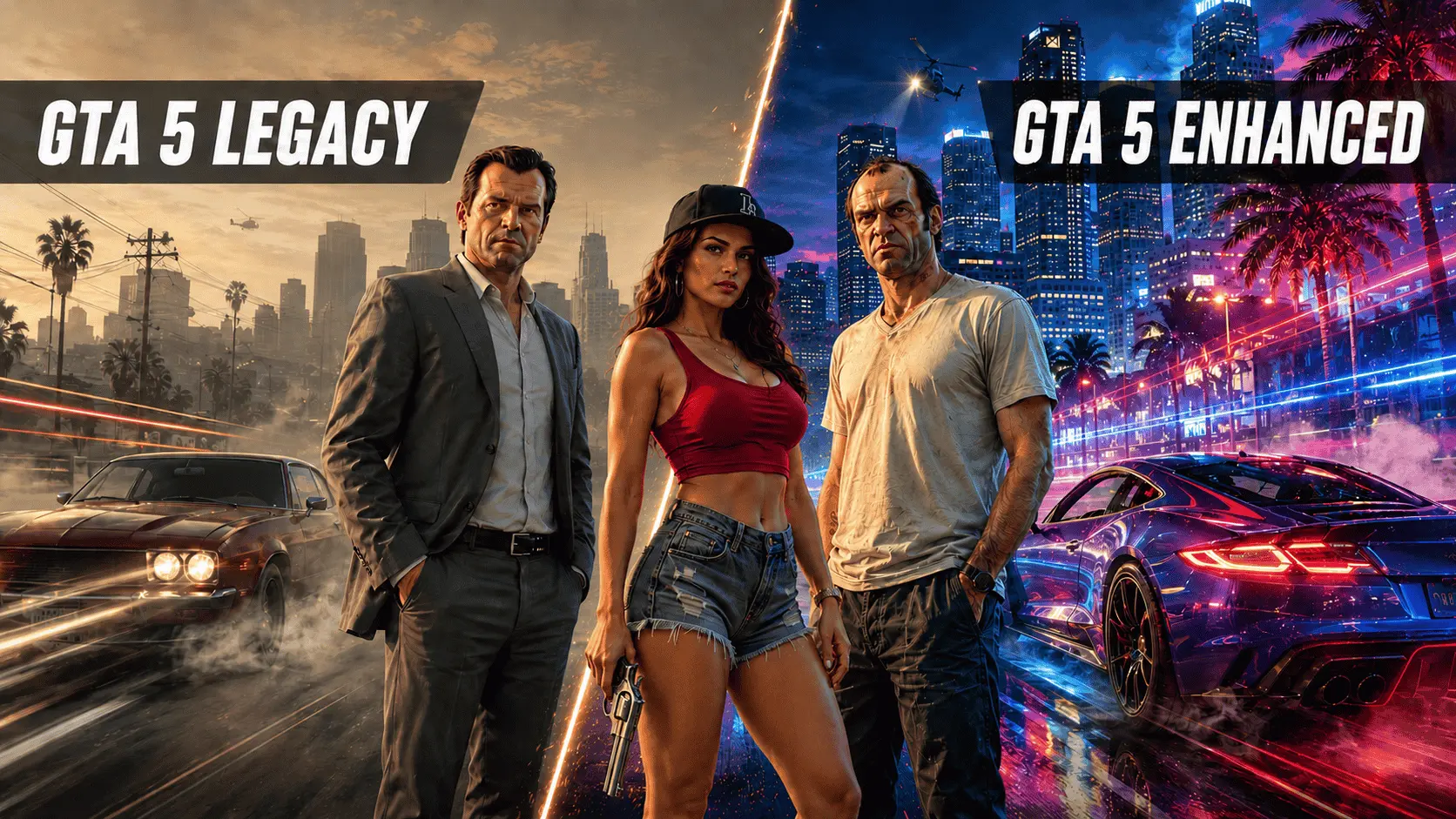 GTA 5 Legacy and Enhanced comparison showing muted Legacy graphics on the left and detailed neon visuals on the right.