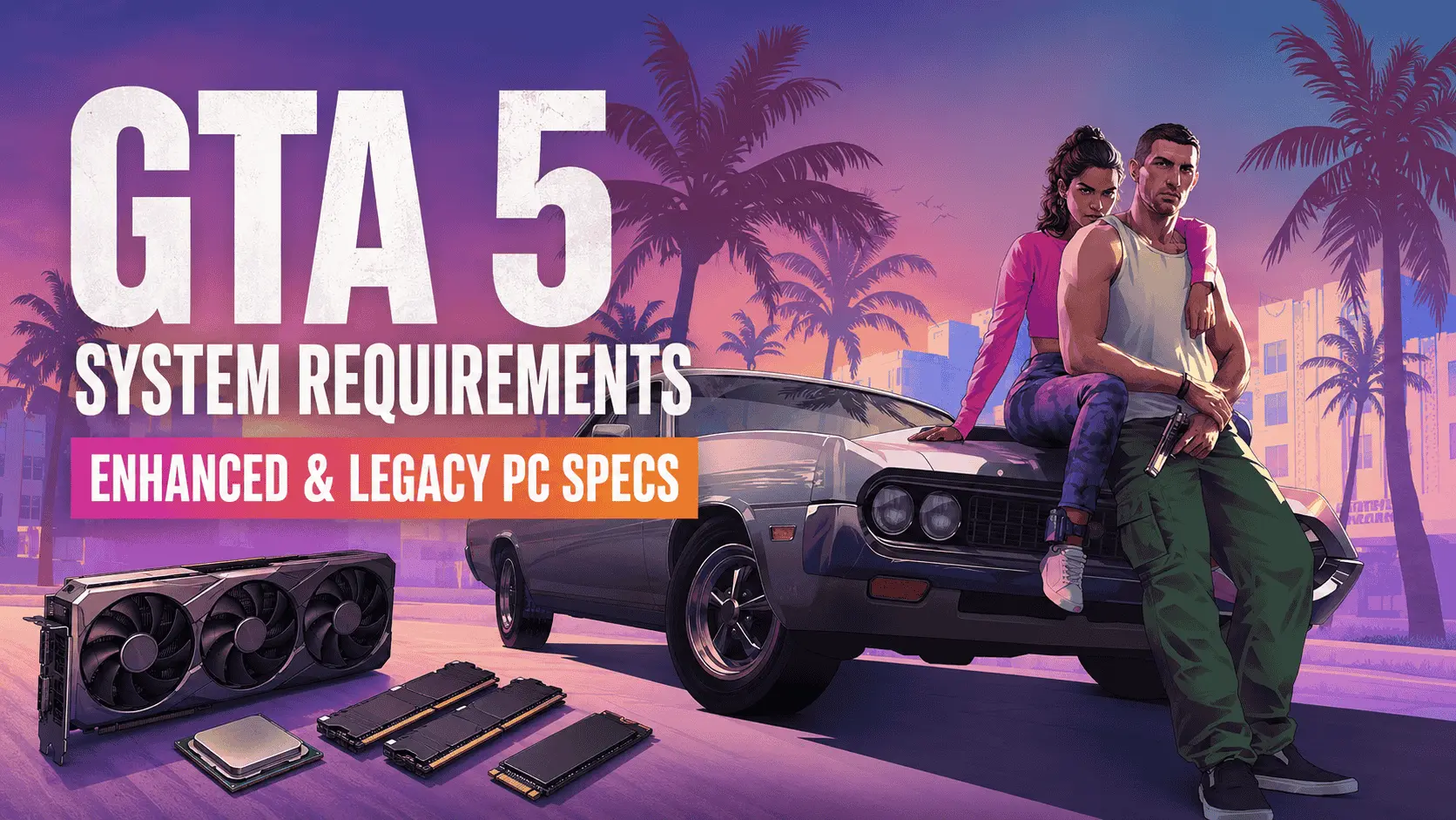 GTA 5 system requirements featuring two characters beside a classic car with a graphics card, CPU, RAM, and SSD.