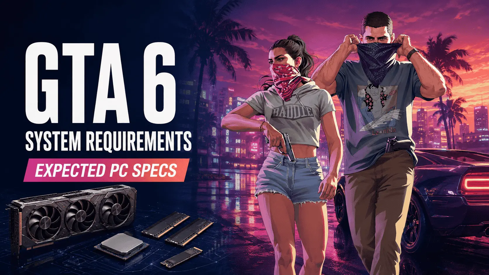 GTA 6 system requirements graphic featuring Jason, Lucia, PC hardware, and an Expected PC Specs label