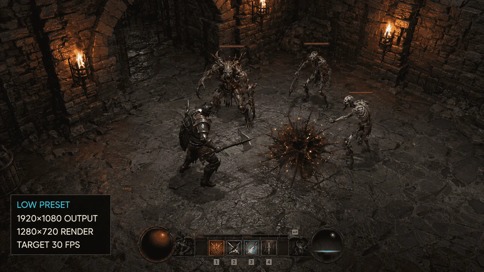 Diablo 4 Low preset gameplay showing the official 30 FPS target at 1080p output with a 720p render resolution