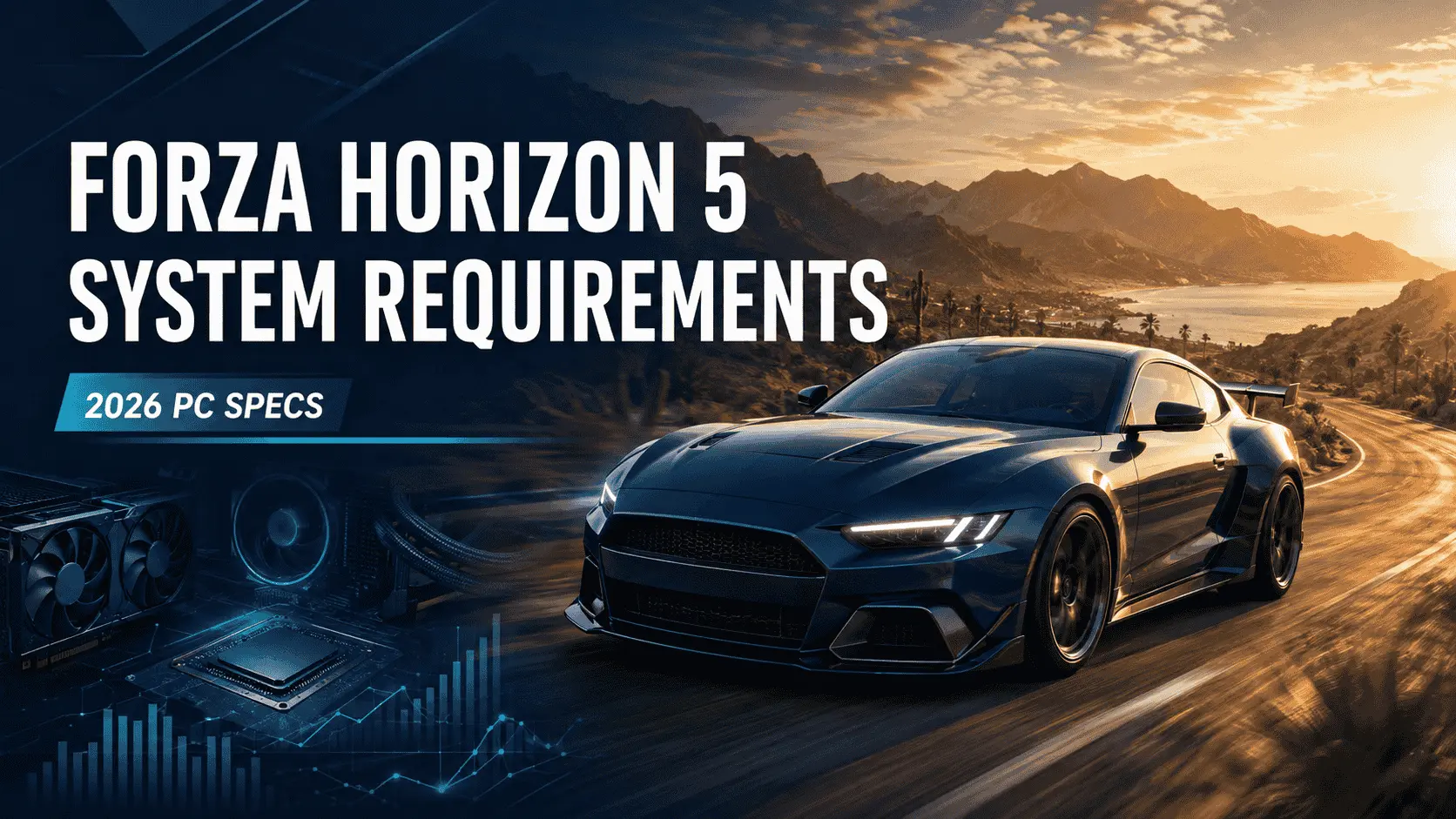 Forza Horizon 5 system requirements for 2026, represented by a racing car alongside PC gaming hardware.