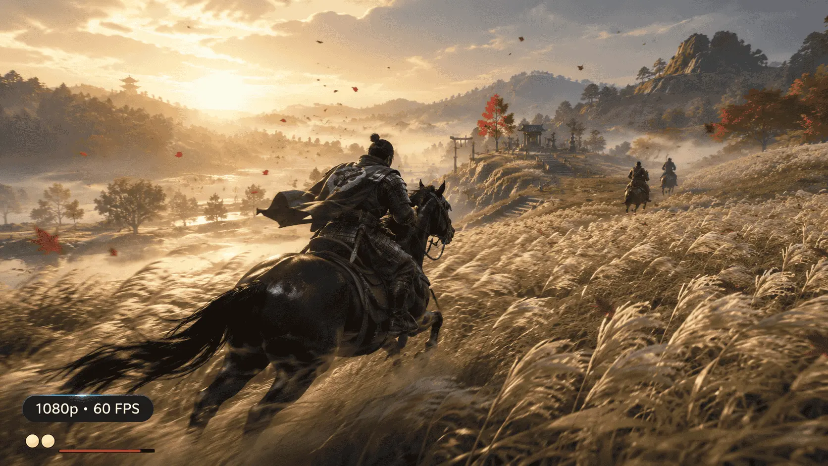 Ghost of Tsushima Director’s Cut at 1080p and 60 FPS, showing horseback travel through pampas grass on the recommended PC tier.