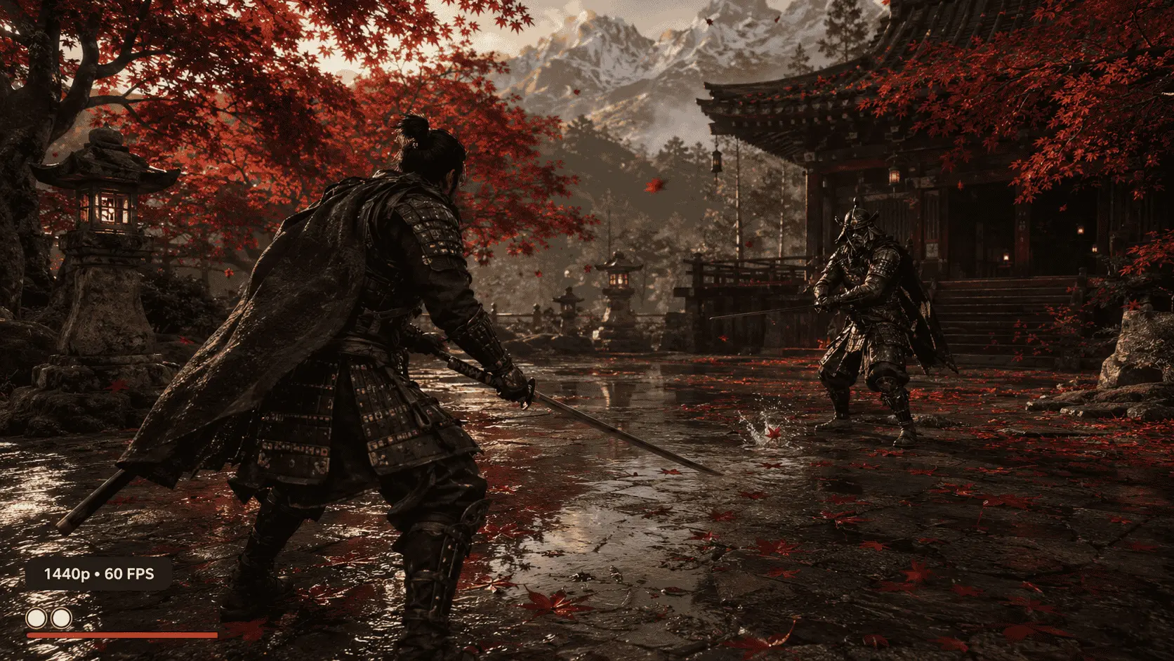 Ghost of Tsushima Director’s Cut at 1440p and 60 FPS, showing a samurai duel in a rain-wet maple temple courtyard.