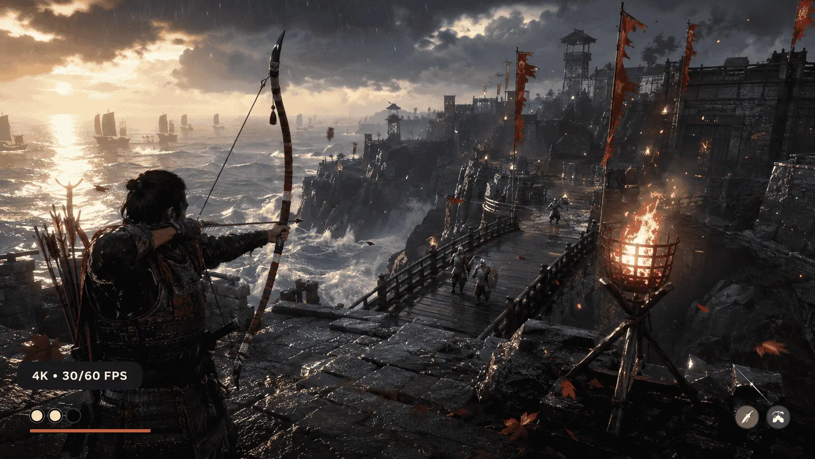 Ghost of Tsushima Director’s Cut at 4K and 30–60 FPS, showing bow combat at a stormy coastal fortress.