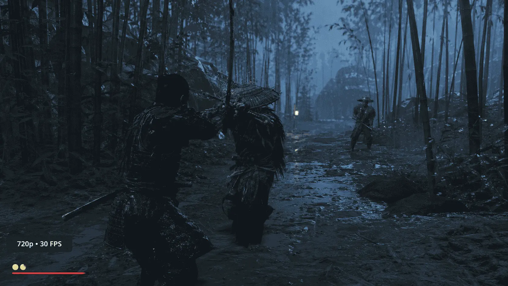 Ghost of Tsushima Director’s Cut at 720p and 30 FPS, showing a rainy bamboo-forest sword fight on the minimum PC tier.