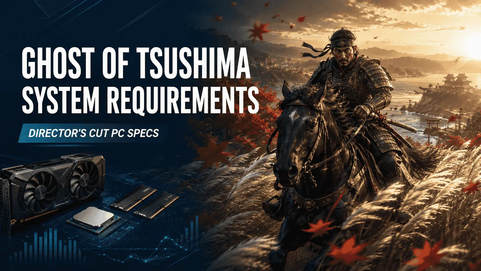 Ghost of Tsushima Director’s Cut PC system requirements with a mounted samurai, graphics card, processor and RAM.