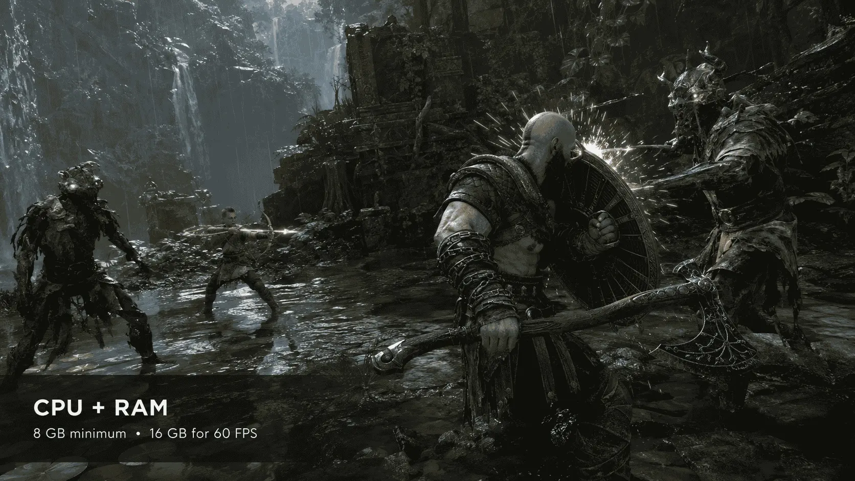 God of War Ragnarök requires a Core i5-4670K or Ryzen 3 1200 with 8 GB RAM minimum; official 60 FPS tiers require 16 GB.