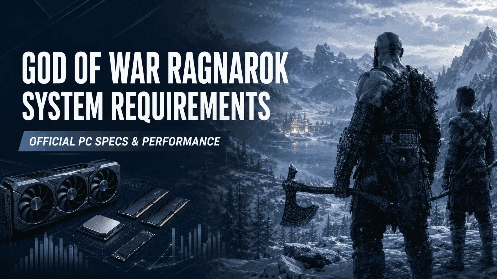 God of War Ragnarök PC system requirements illustrated with Kratos, Atreus, a graphics card, CPU, RAM and SSD.