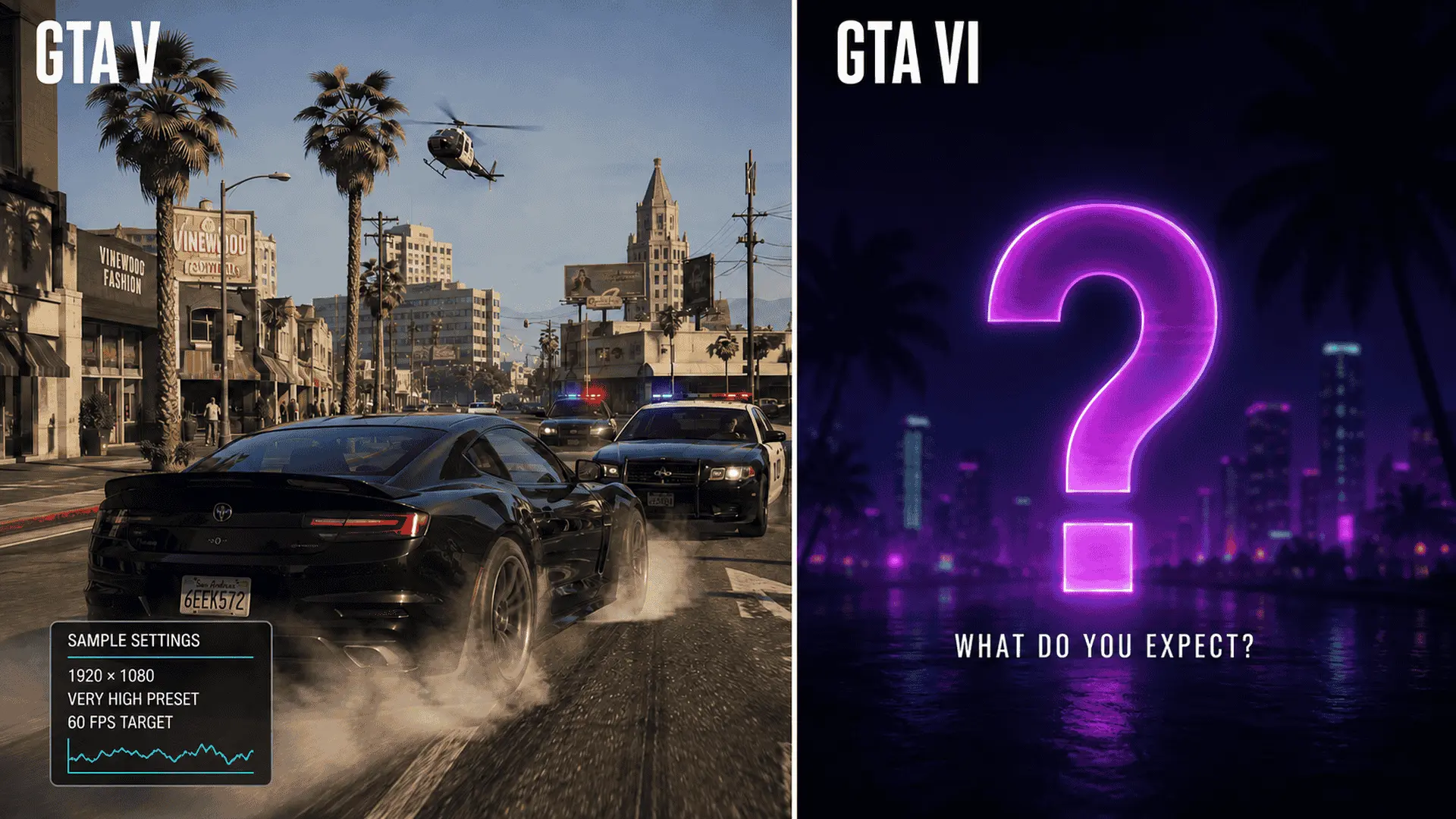 GTA 6 system requirements comparison showing a GTA V police chase at sample 1080p Very High settings beside an unknown GTA 6 graphics panel
