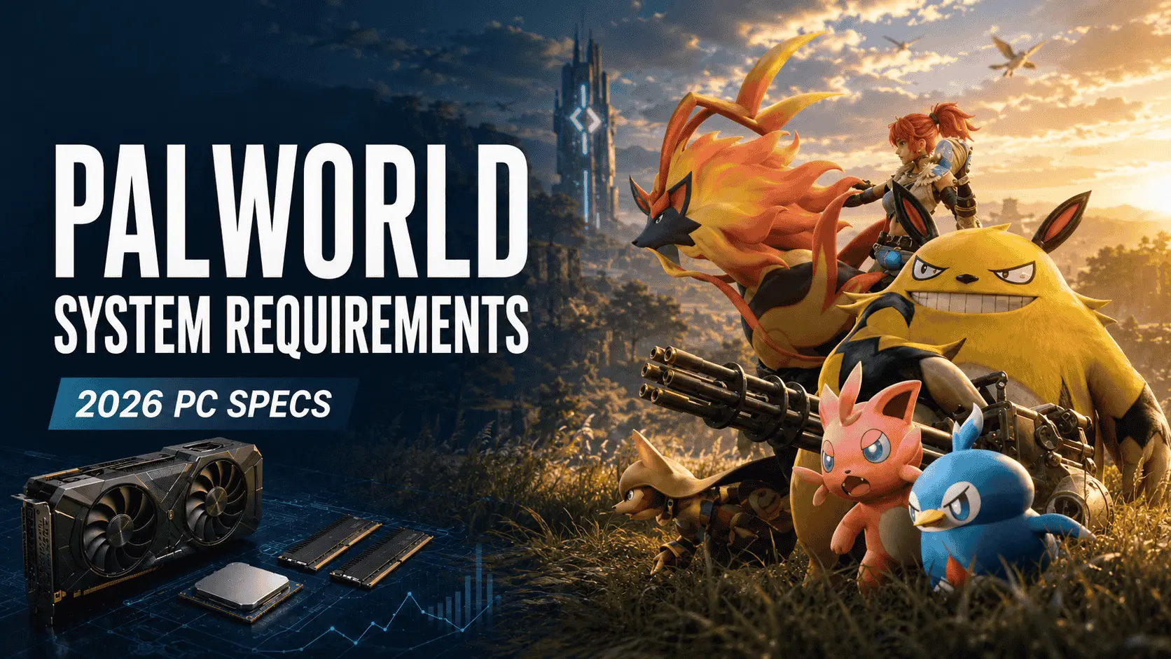 Palworld system requirements for 2026 with Grizzbolt, Cattiva and Pengullet beside a GPU, RAM and CPU.