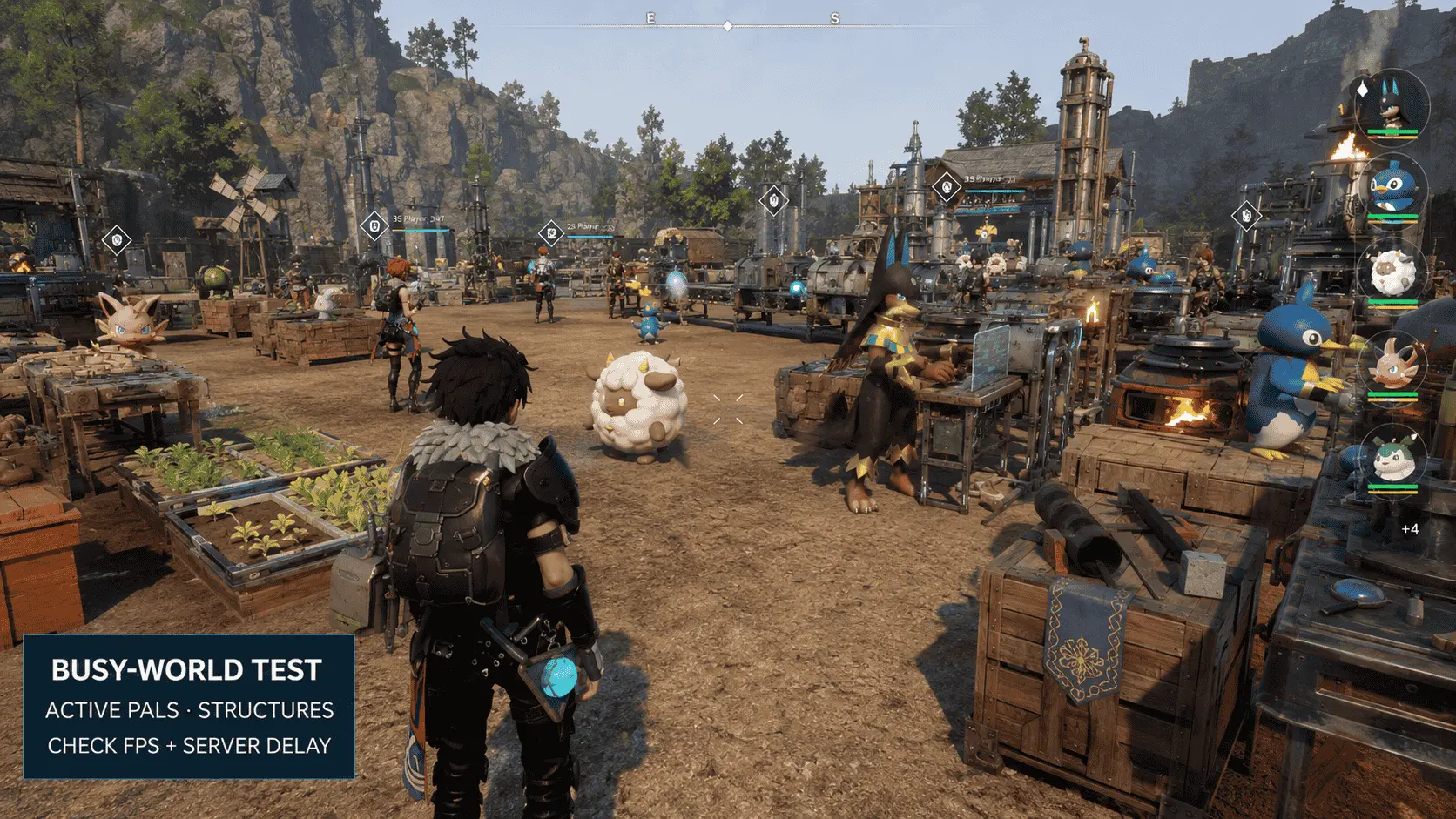 Palworld system requirements base test with active Pals and structures, comparing local FPS with multiplayer server delay.