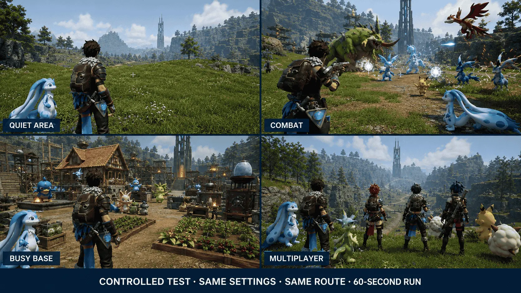 Palworld system requirements test across a quiet area, combat, a busy base and multiplayer under the same settings and route.
