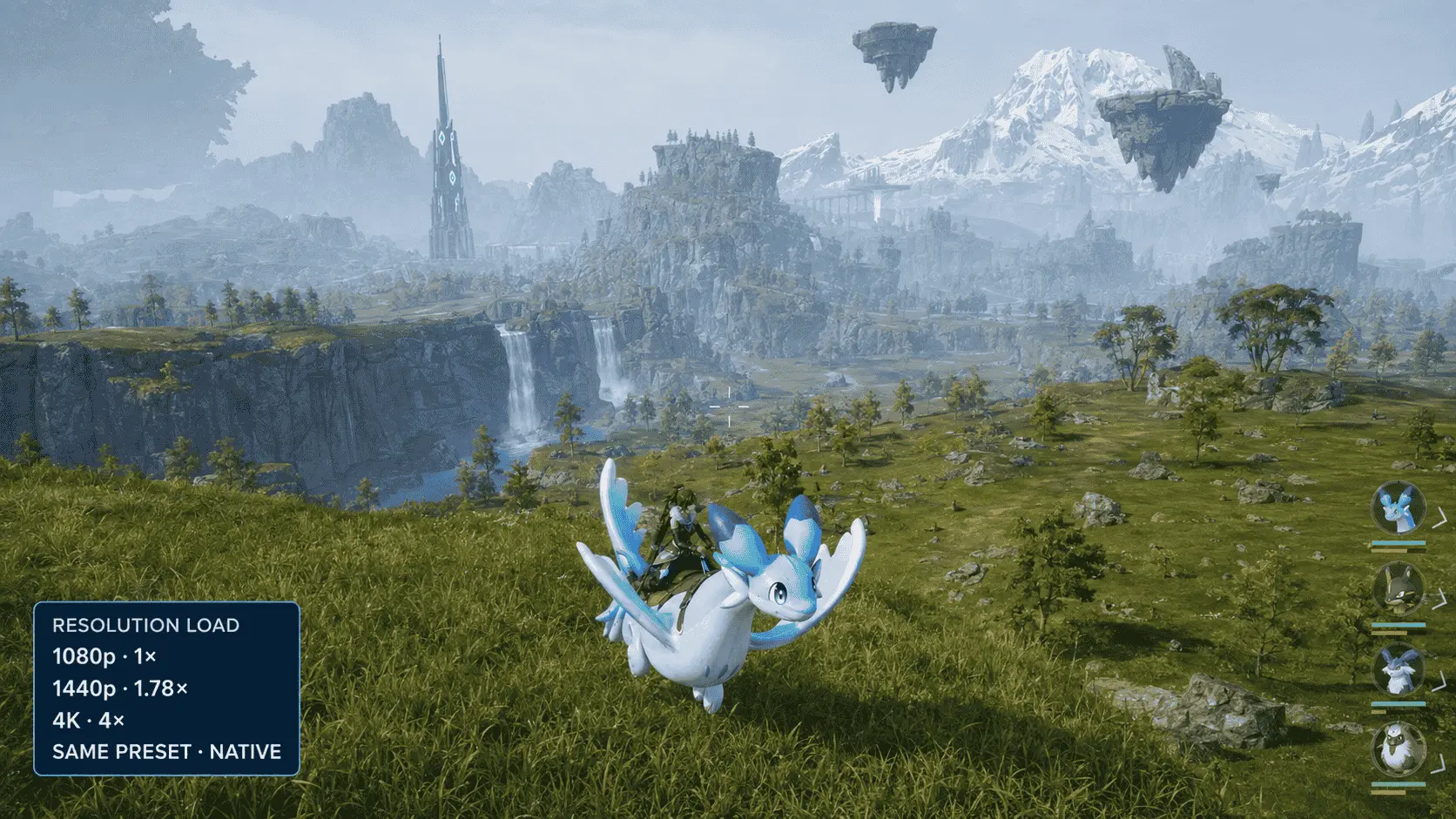 Palworld system requirements resolution guide comparing 1080p, 1440p and 4K rendering load at the same graphics preset.