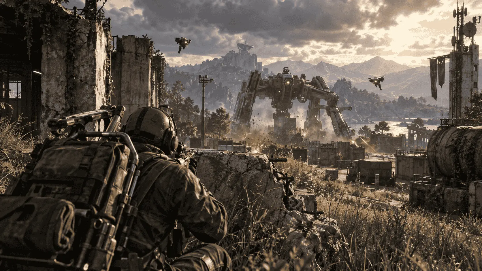 ARC Raiders PC Requirements – Can I Run It? 2 ARC Raiders PC requirements gameplay scene showing a Raider fighting a large ARC machine and flying drones in a ruined industrial landscape.