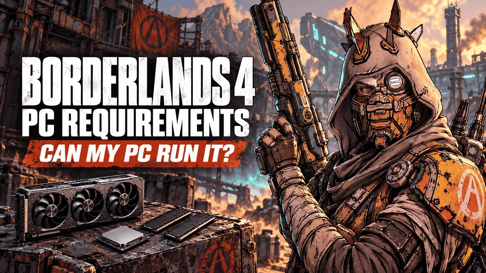 Borderlands 4 PC requirements and “Can My PC Run It?” feature image with a masked character, GPU, CPU, and RAM.