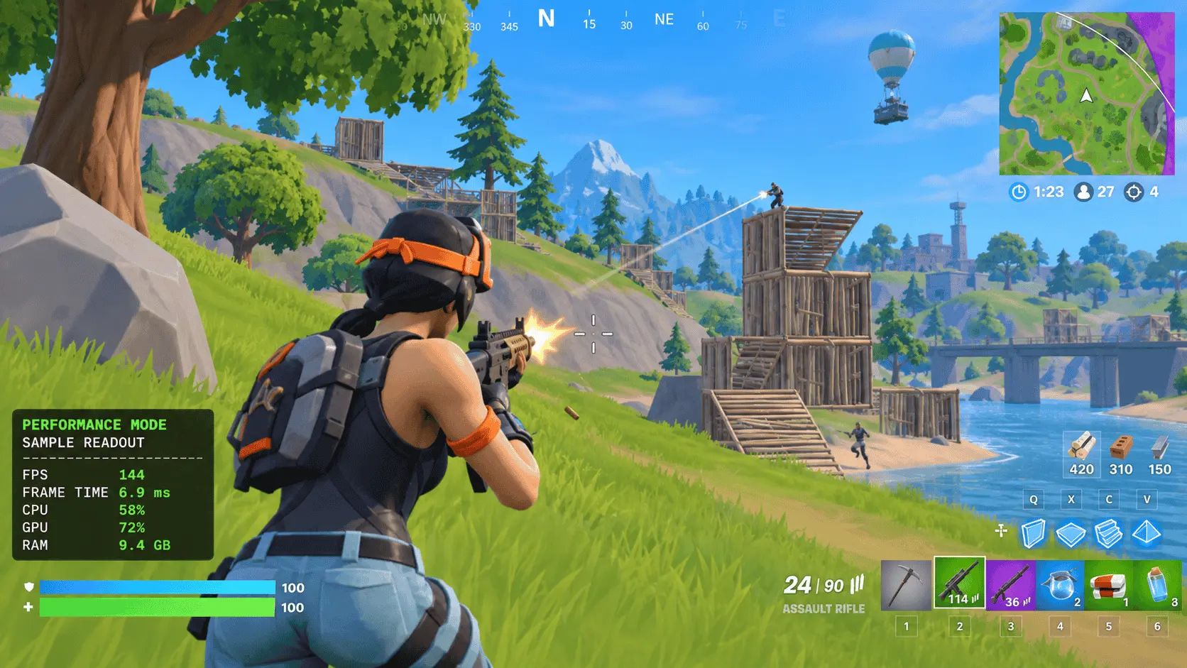 Fortnite PC requirements shown through a Performance Mode gameplay scene with an illustrative FPS, CPU, GPU and RAM overlay