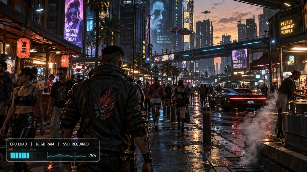 Cyberpunk 2077 PC Requirements — Can Your PC Run It? 5 Cyberpunk 2077 PC requirements recommend 16GB RAM and an SSD for smoother gameplay in crowded areas of Night City. Dense pedestrian activity, traffic, physics, and asset streaming can increase CPU, memory, and storage workloads during exploration. This busy futuristic market scene explains why a suitable processor and SSD remain important even when the graphics card meets the requirements.