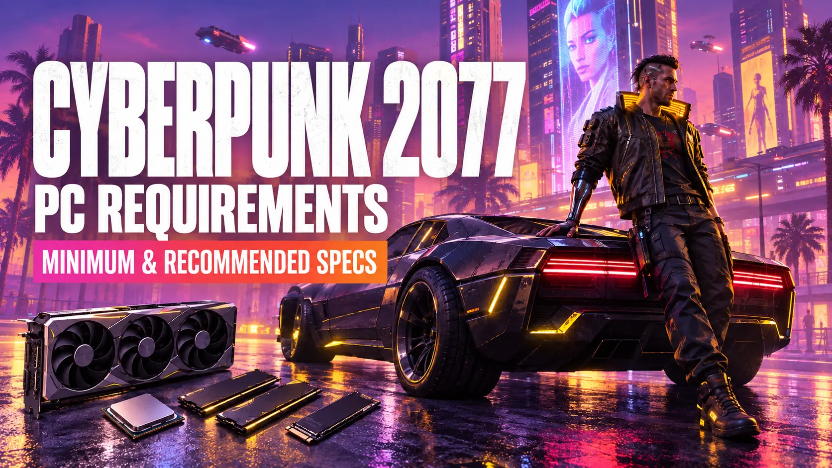 Cyberpunk 2077 PC requirements start with a GTX 1060 6GB, RX 580 8GB, or Intel Arc A380 for 1080p Low at an expected 30 FPS. The recommended 1080p High configuration uses an RTX 2060 Super, RX 5700 XT, or Arc A770 with 16GB RAM and 70GB SSD storage. This feature image shows a cybernetic character, futuristic sports car, graphics card, processor, RAM, and NVMe SSD against a neon Night City setting.