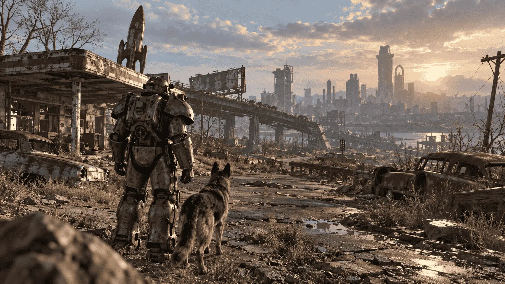 Fallout 4 PC requirements game scene showing a power-armored survivor and German Shepherd exploring a ruined Boston wasteland.
