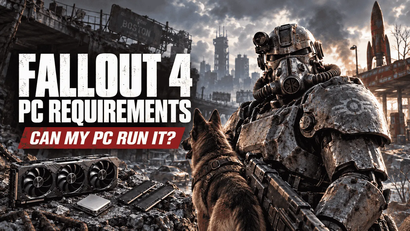 Fallout 4 PC requirements feature image showing power armor, a German Shepherd, and PC hardware; minimum specs include 8GB RAM, a GTX 550 Ti 2GB or Radeon HD 7870 2GB, and 30GB storage.