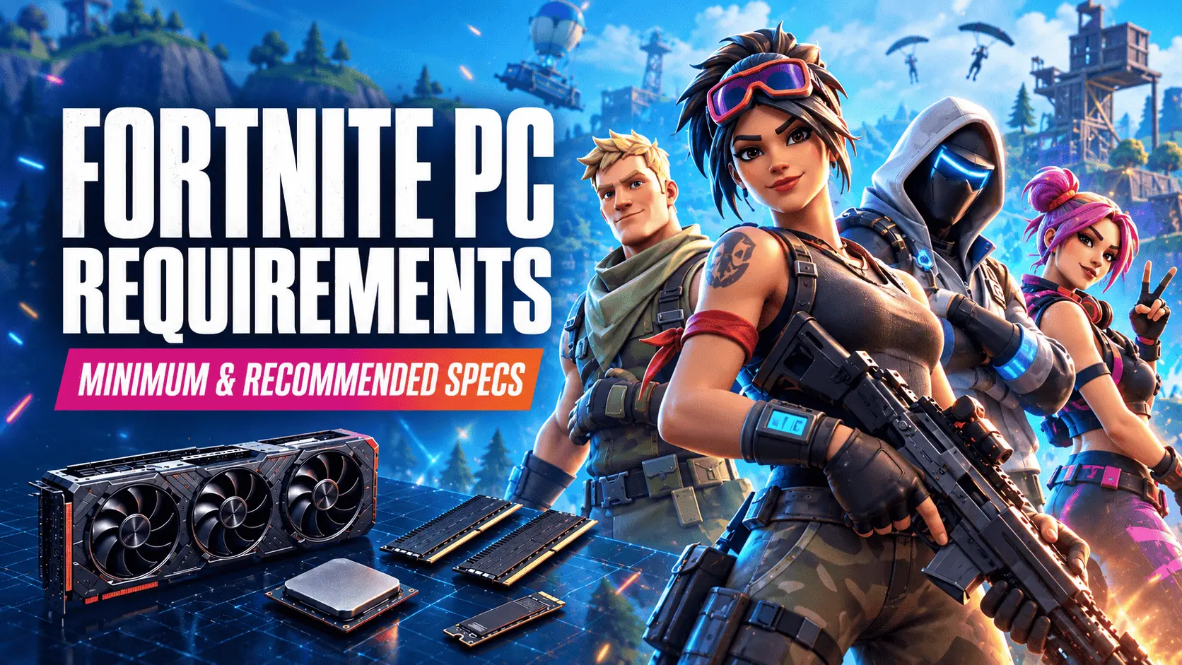 Fortnite PC requirements featured image with battle royale characters, graphics card, processor, RAM and NVMe SSD