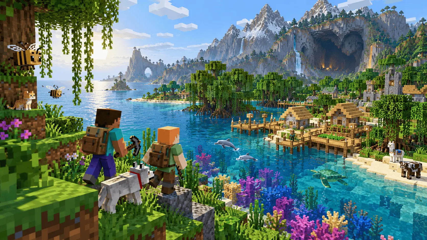 Minecraft Bedrock Edition gameplay on PC showing a coastal village, coral reef, mangroves, animals, and two players