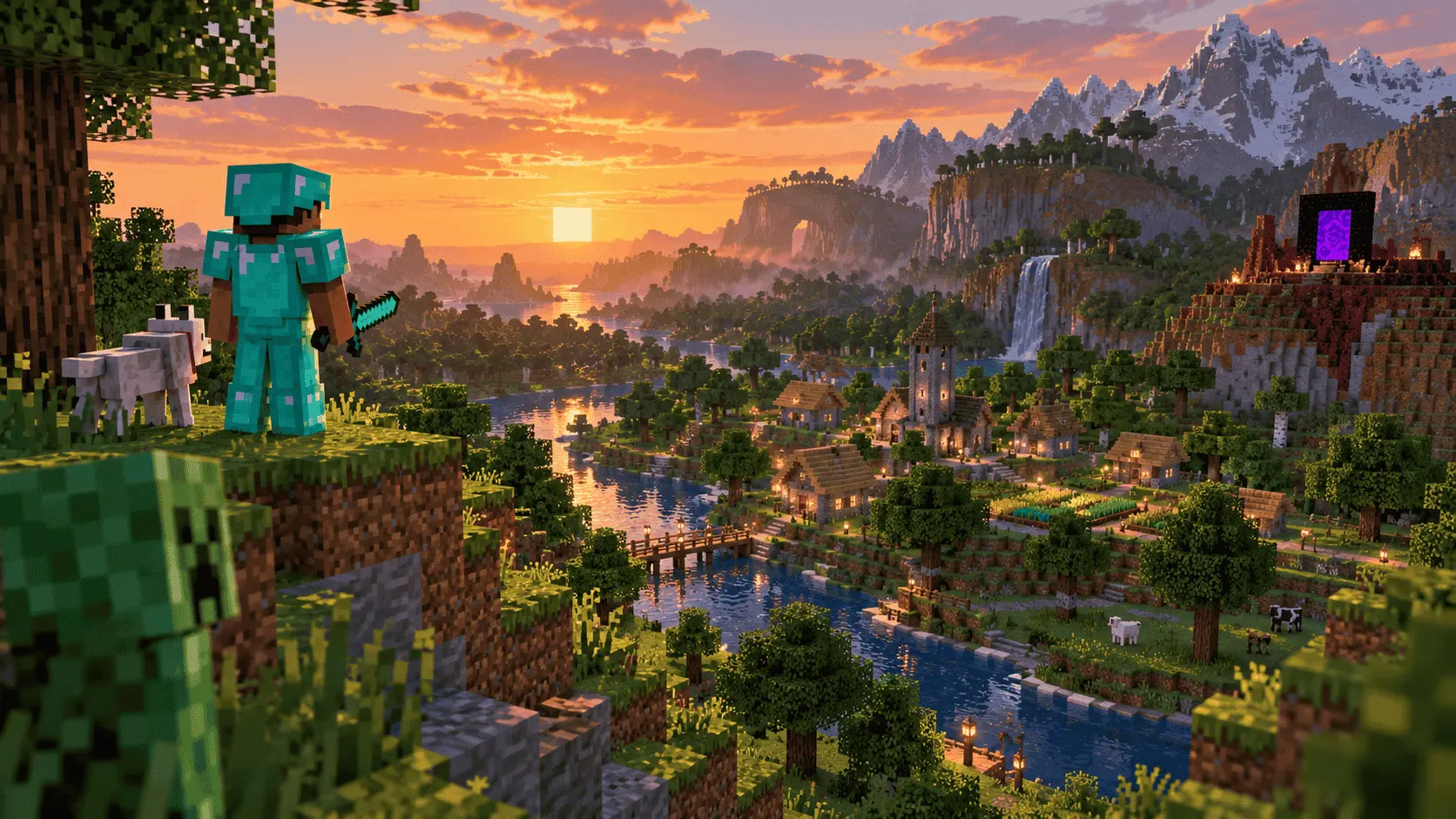 Minecraft Java Edition running on PC with detailed terrain, a village, a Nether portal, and diamond-armored gameplay