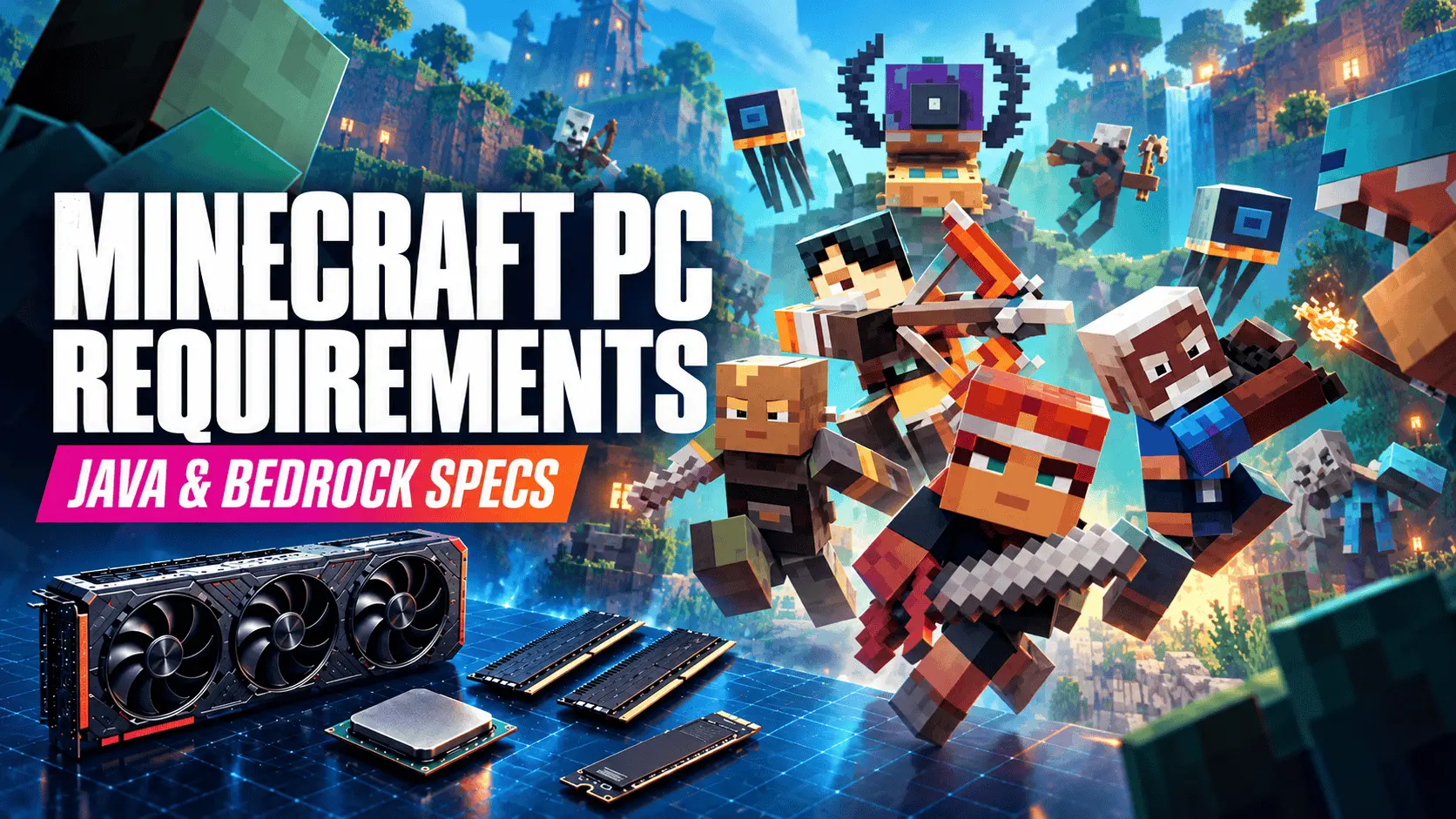 Minecraft PC requirements for Java and Bedrock with minimum and recommended hardware including CPU, GPU, RAM, and SSD