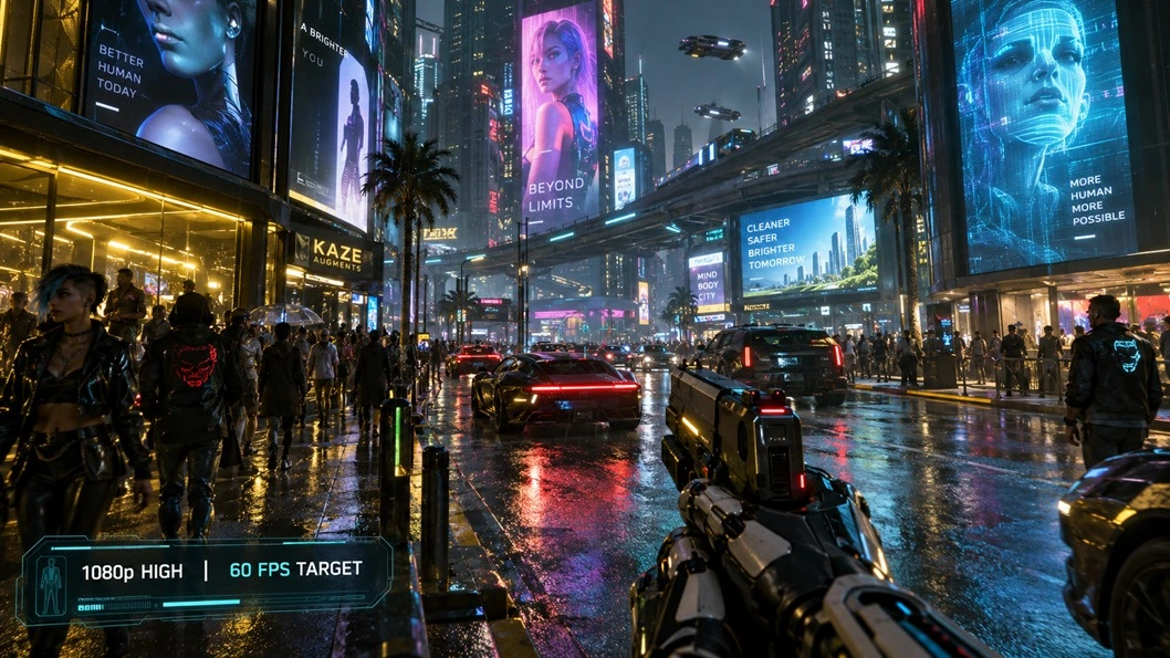 Cyberpunk 2077 PC Requirements — Can Your PC Run It? 2 Cyberpunk 2077 PC requirements for 1080p High gameplay include an RTX 2060 Super, RX 5700 XT, or Intel Arc A770 with 8GB VRAM. The recommended configuration also needs a Core i7-12700 or Ryzen 7 7800X3D, 16GB RAM, and 70GB of SSD storage. This neon city combat scene represents the official 1080p High target of 60 FPS without ray tracing.