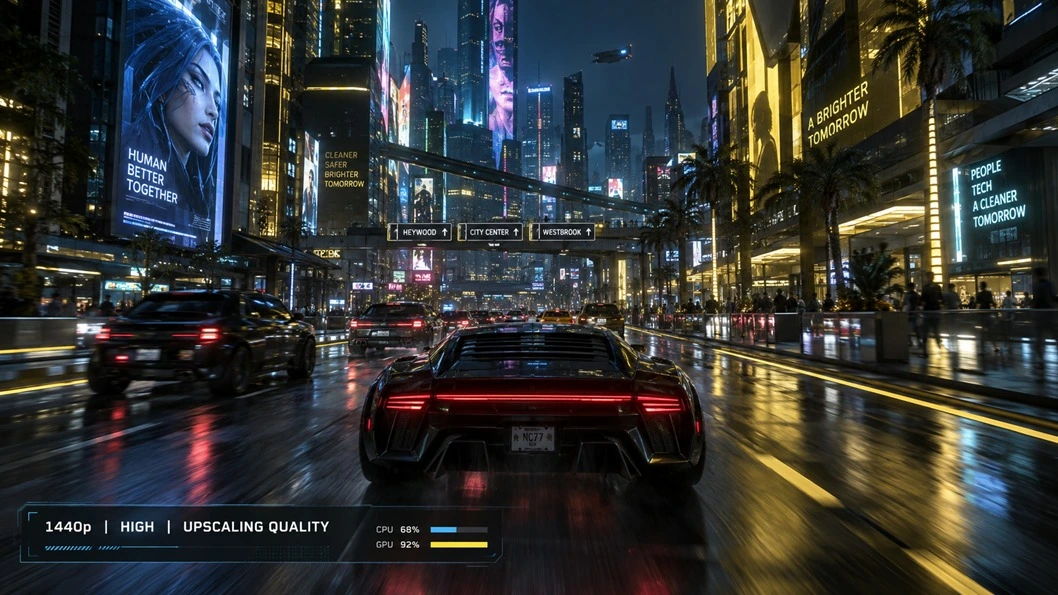 Cyberpunk 2077 PC Requirements — Can Your PC Run It? 4 Cyberpunk 2077 PC requirements for 1440p gameplay depend on a strong graphics card, at least 8GB VRAM, 16GB RAM, and SSD storage. CD Projekt Red does not provide a separate official 1440p tier, so players should begin above the recommended 1080p hardware level. This nighttime driving scene shows how crowded streets, traffic, reflections, and fast movement place simultaneous pressure on the CPU, GPU, and storage.