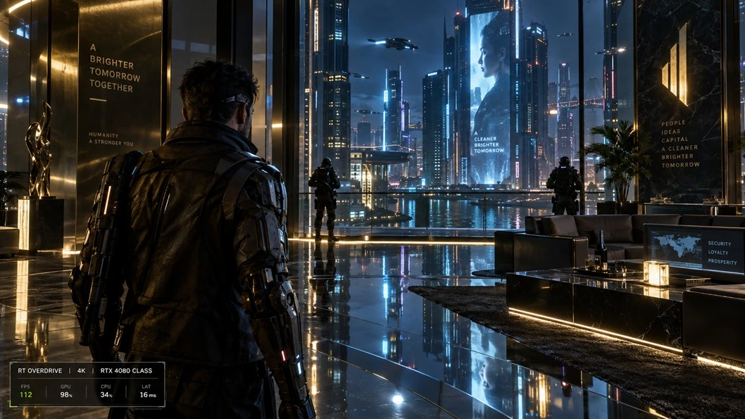 Cyberpunk 2077 PC Requirements — Can Your PC Run It? 6 Cyberpunk 2077 PC requirements for 4K RT Overdrive list an RTX 4080 with 16GB VRAM and a Core i9-12900 or Ryzen 9 7900X. The official configuration also requires 24GB RAM and 70GB of NVMe storage for an expected 60 FPS target. This reflective corporate interior represents the demanding path-traced lighting, shadows, glass reflections, and polished surfaces produced by RT Overdrive.