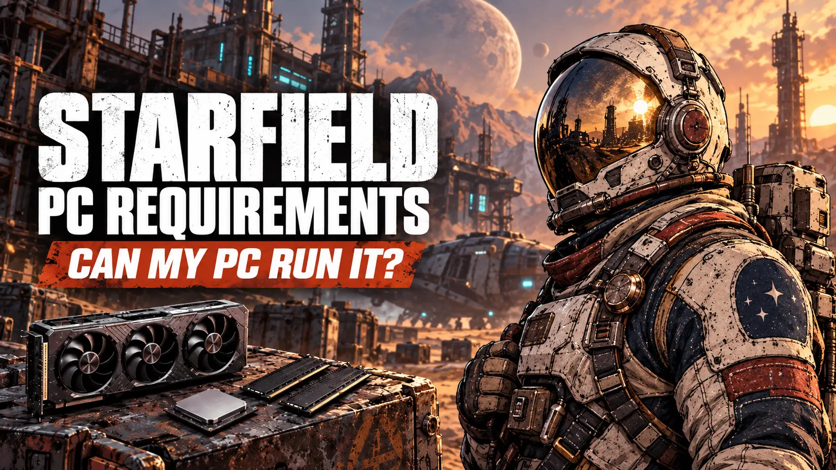 Starfield PC requirements include a Ryzen 5 2600X or Core i7-6800K, 16 GB RAM, and an RX 5700 or GTX 1070 Ti at minimum. The game also requires DirectX 12, 125 GB of available space, and an SSD. Feature image showing a space explorer with a graphics card, processor, and RAM in a futuristic planetary environment.