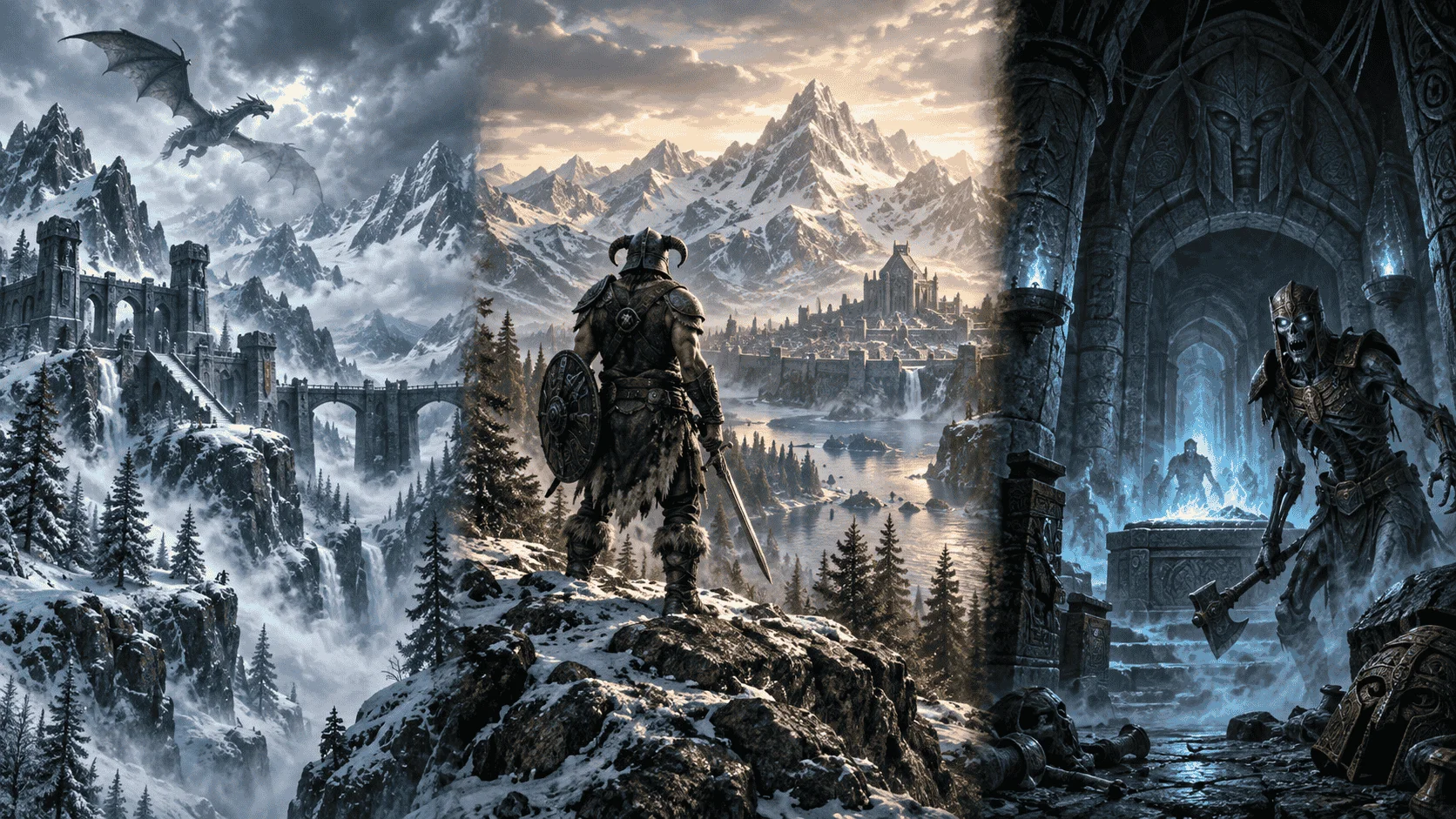 Skyrim PC requirements guide featuring a dragon, snowy Nordic ruins, an armored warrior, and an ancient crypt.