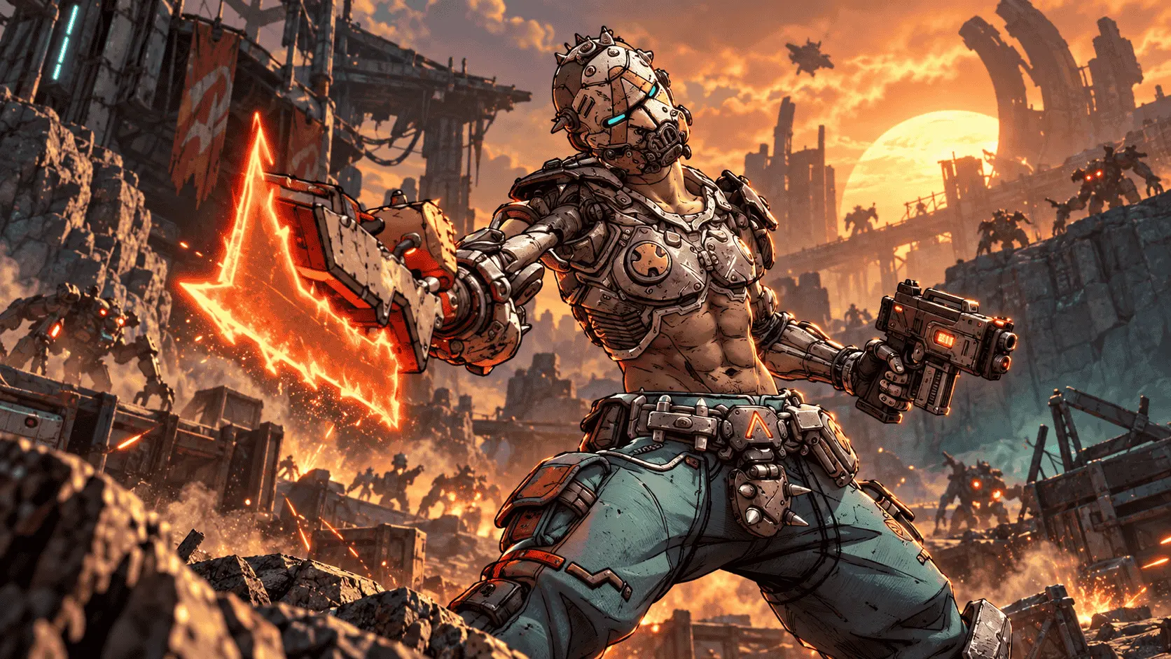 Borderlands 4 PC requirements scene showing a masked fighter with an orange energy blade in an alien battlefield.