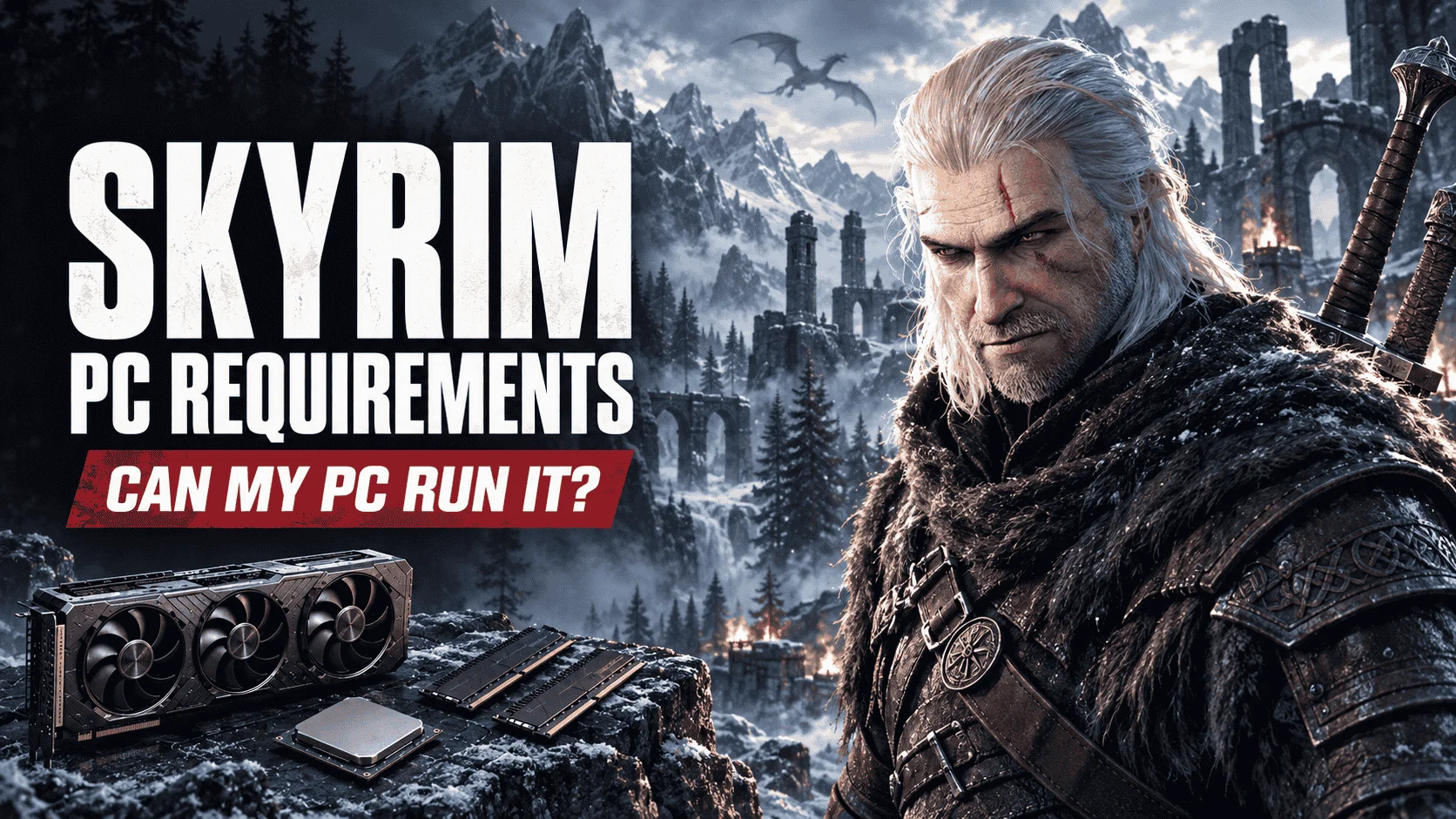 Skyrim PC requirements feature image with a white-haired warrior, snowy ruins, dragon, graphics card, CPU, and RAM.