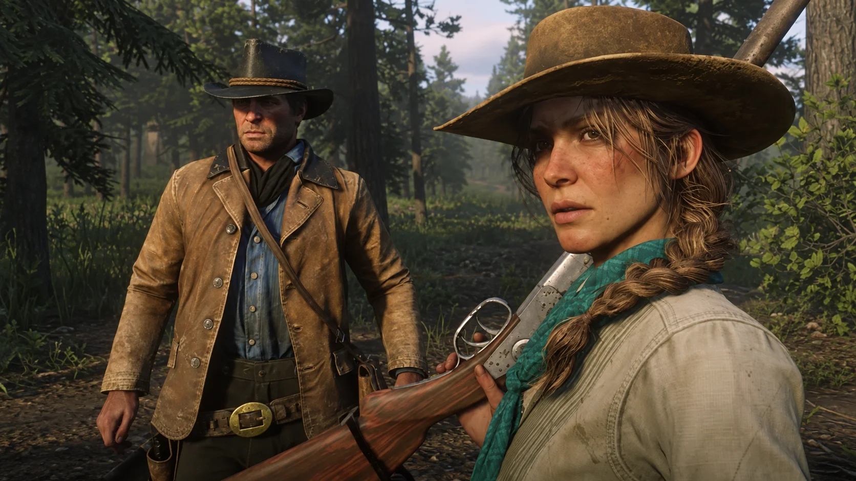 Red Dead Redemption 2–inspired artwork showing Arthur Morgan and a cowgirl carrying a rifle in a wooded frontier setting.