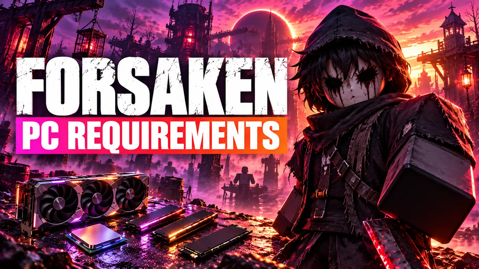 Forsaken PC Requirements featuring a hooded Roblox horror character, graphics card, processor, and RAM against a dramatic purple and orange background.