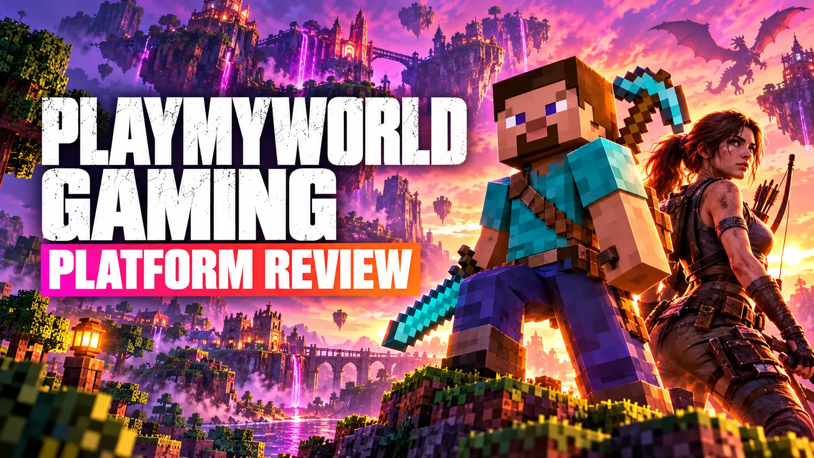 PlayMyWorld Gaming platform review feature image showing a Minecraft-style hero with a sword and pickaxe alongside a female action character in a fantasy gaming world.