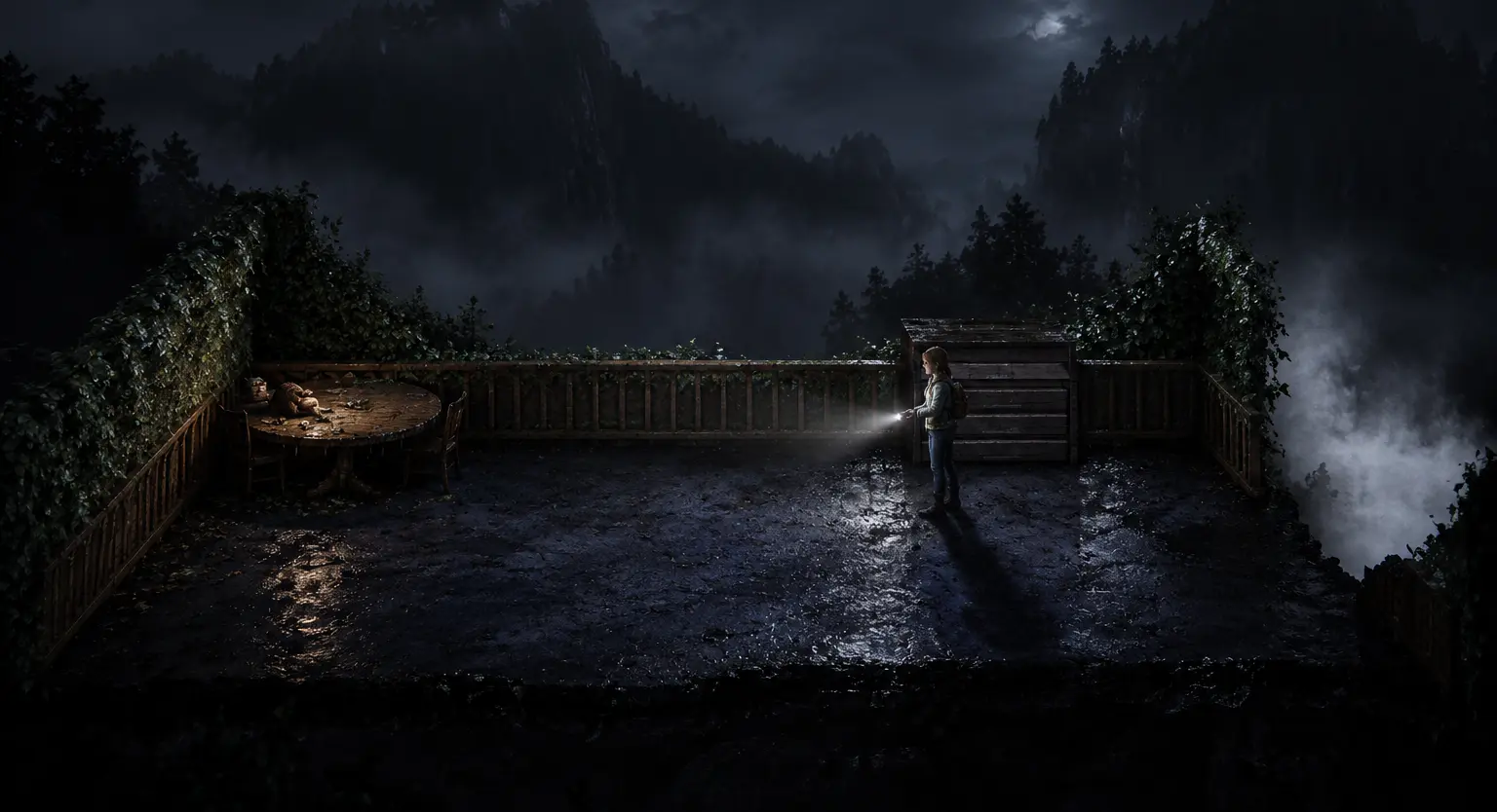 Forsaken-inspired horror game scene showing a lone survivor holding a flashlight on a dark, foggy rooftop surrounded by wooden railings and mountains.