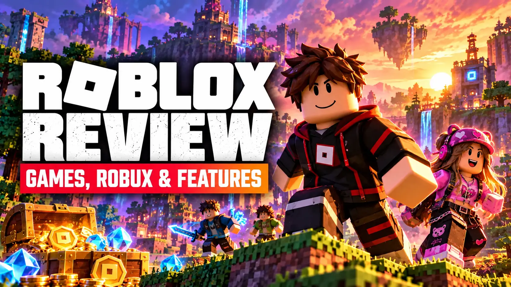 Roblox review featured image showing popular Roblox-style characters, a colorful fantasy gaming world, Robux coins, and the games and features headline.