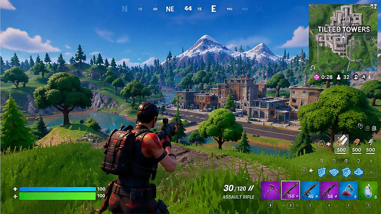 Fortnite-style Battle Royale gameplay showing an armed character overlooking a town, green hills, and mountains with the game HUD visible.