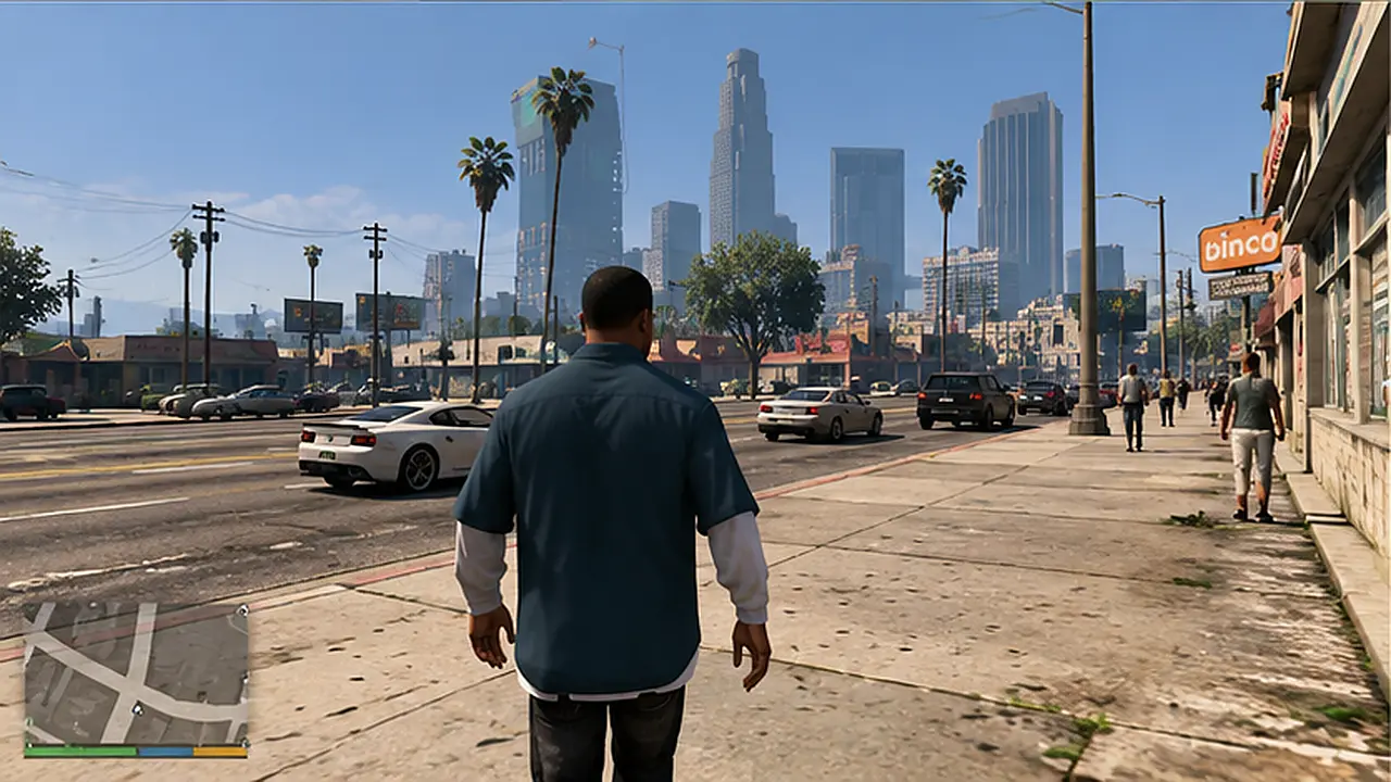 GTA 5-style gameplay showing a character walking along a sunny Los Santos street surrounded by cars, palm trees, and city buildings.