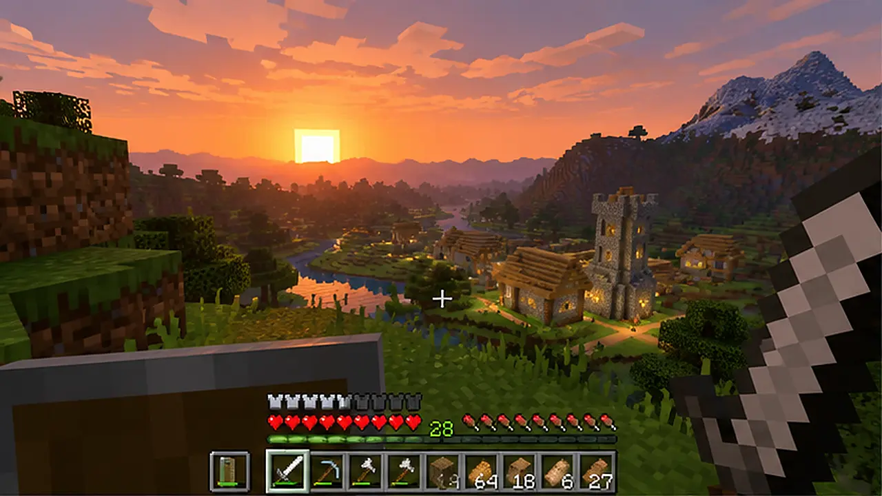 Minecraft-style first-person gameplay showing a blocky village at sunset, with mountains, a sword, health hearts, and inventory visible.