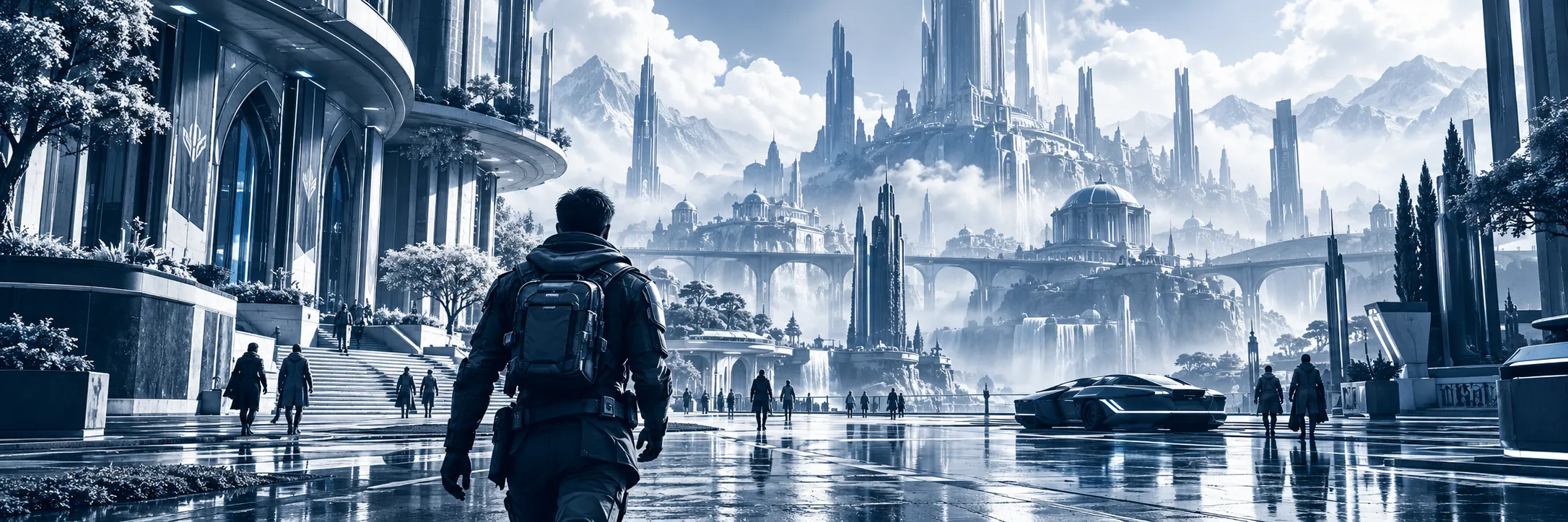 Illustrated game character entering a futuristic plaza with pedestrians, a vehicle, distant buildings, and reflections on wet paving.