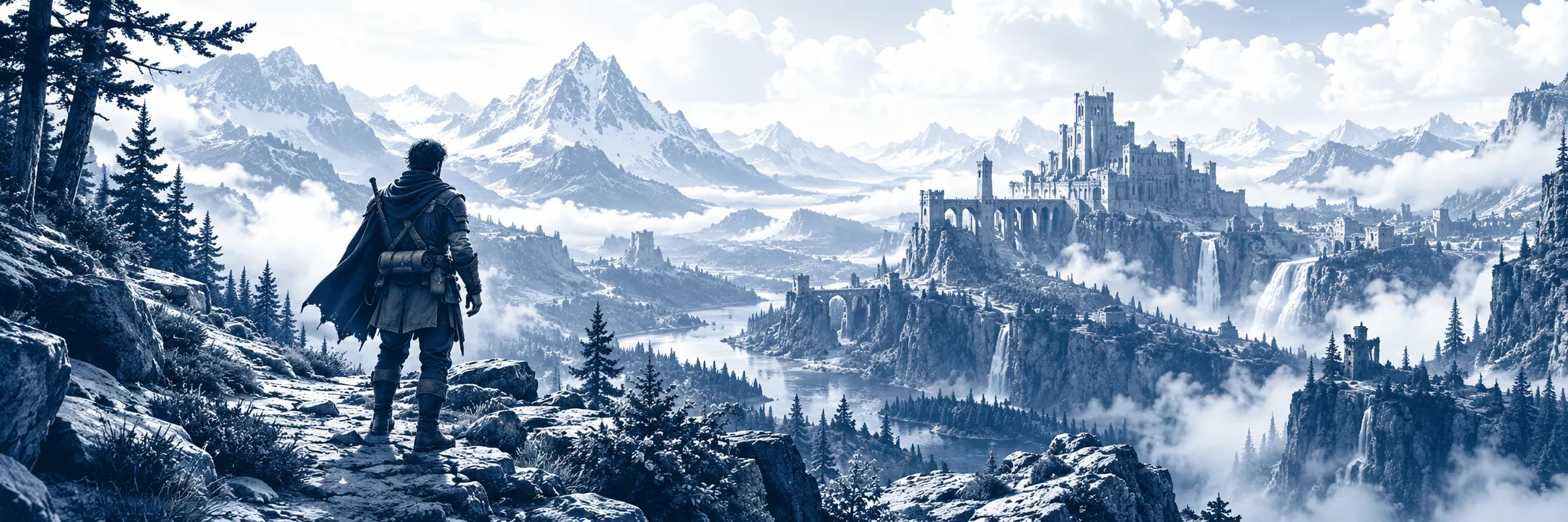 Illustrated adventurer overlooking a mountain valley with a distant fortress, forest, river, and layered terrain.